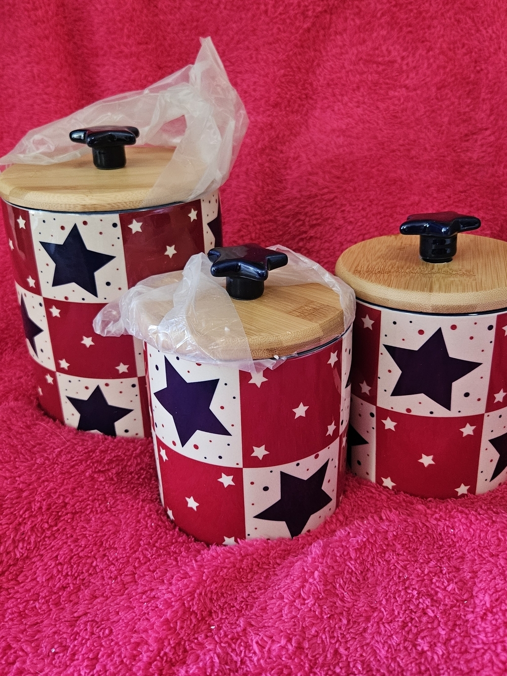 Temptations Red and Blue Star Ceramic Canister Set with Bamboo Lids